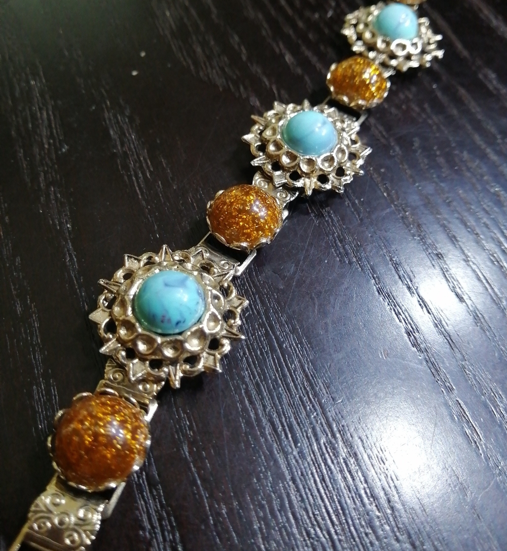 Austro-Hungarian Revival Turquoise Amber Vintage Bracelet 7.5" Long